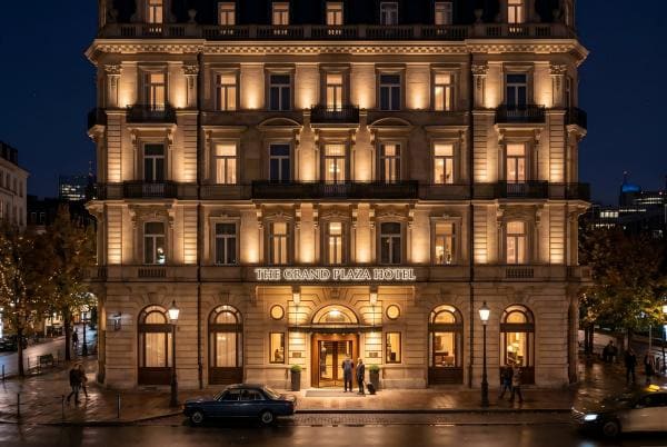 A beautifully lit hotel facade at night without excessive glare
